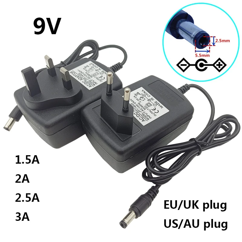 

9v Switching Power Supply 9V 1.5A 9v 2A Transformer 9 volt Power Supply UK AU EU US Plug 1.5A 2.5A 3A 9v Power Supply 5.5*2.5mm