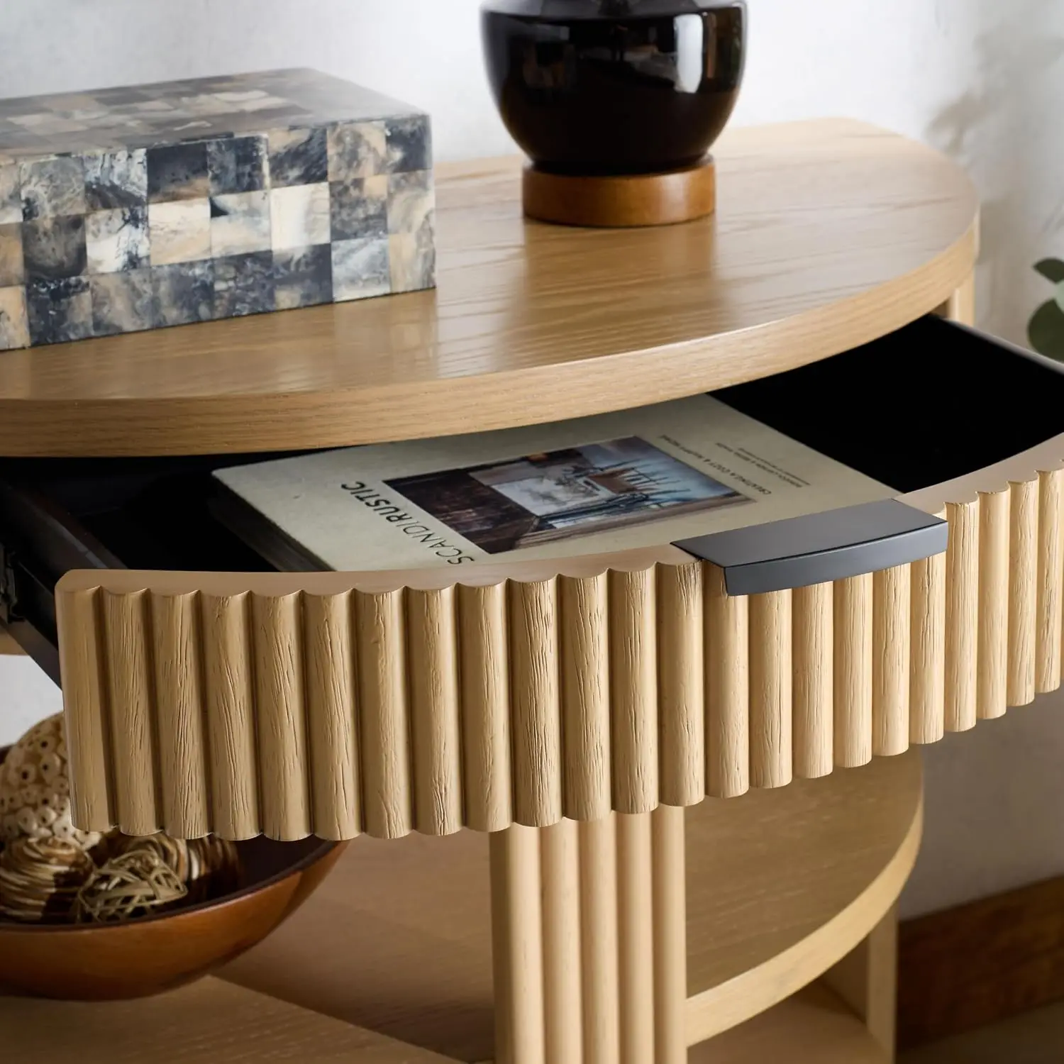 Half Moon Console Table with 1 Drawer & 2 Shelves Reeded Oak Finish Entryway Hallway, Customized