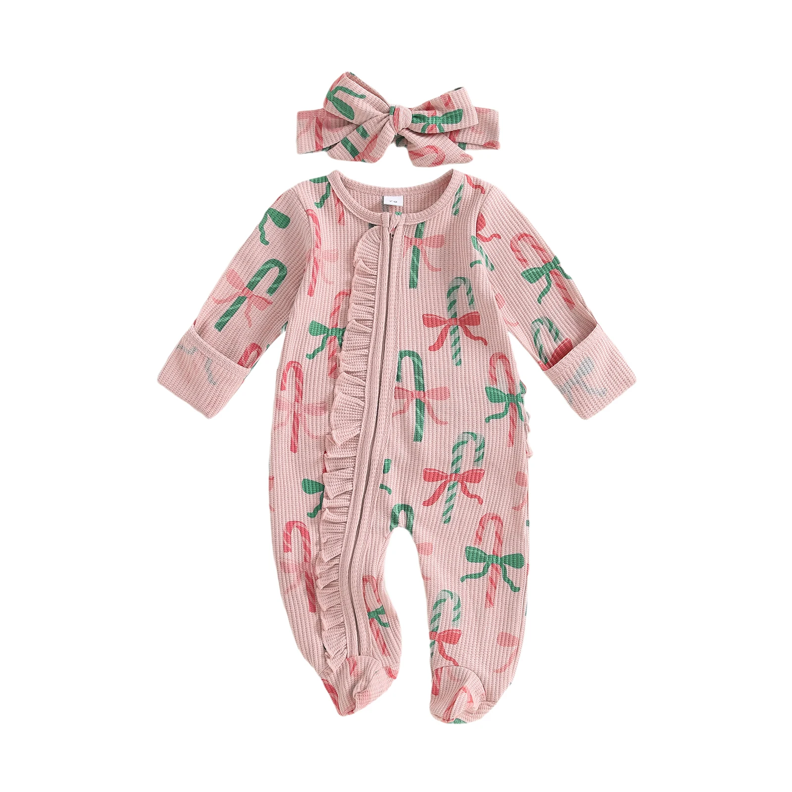 

Рождественский наряд для новорожденных девочек, комбинезон с длинными рукавами и повязкой на голову с бантом, конфетной тростью и рюшами, комплект из 2 предметов