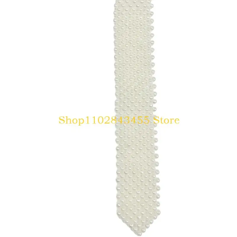 

49MC Hollowed Artificial Pearl Tie for Night Club Party Long Necklace Tie French Style Collarbone Necklace Stage Props Tie