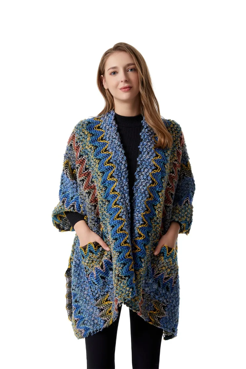 Ethnic wind multi-color knitted shawl, warm scarf, travel, holiday cardigan, autumn and winter, new style