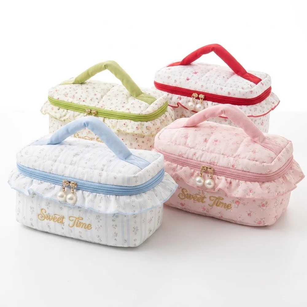 Fashion Floral Print Cosmetic Bag Ruffled Large-Capacity Travel Toiletry Bag Ultralight Portable Storage Bag