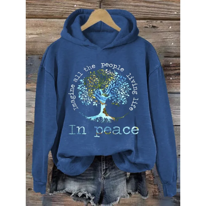 ilstile Women's Hippie Life Tree Print Hoodies Autumn Winter Outdoor Long Sleeve Casual Loose Round Neck Hooded Hoodies HOT