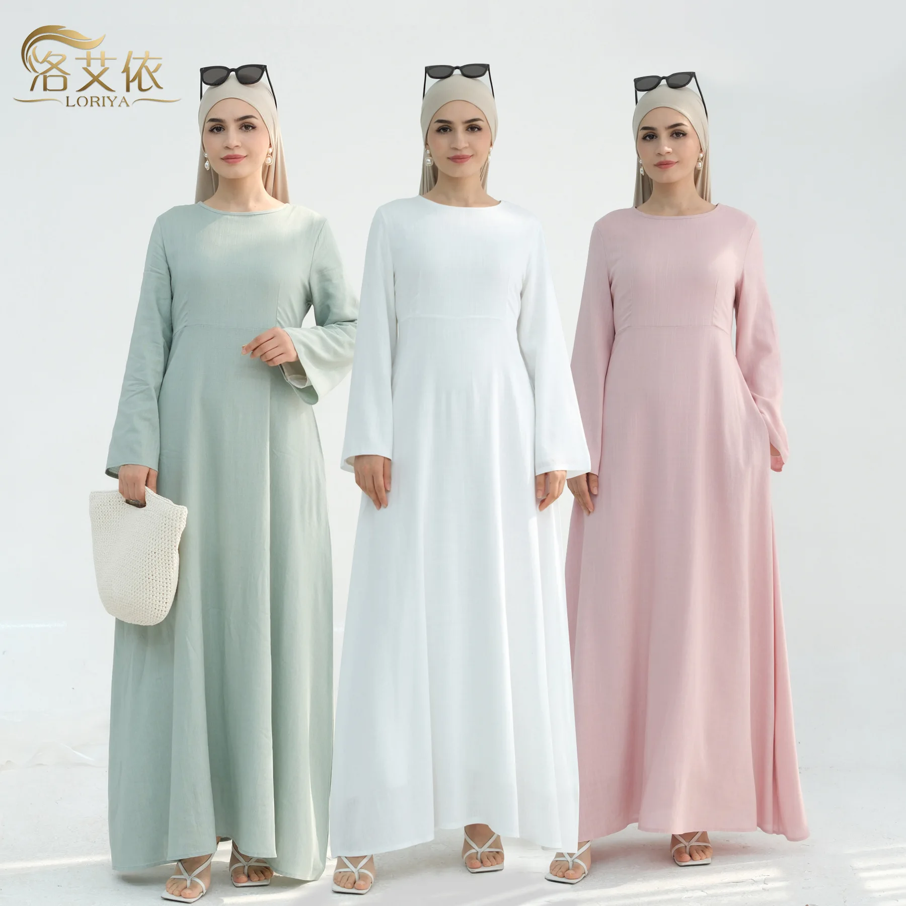 

Мусульманское женское длинное свободное платье макси Дубай Турция сплошной цвет хлопок льняной халат на талии Абая