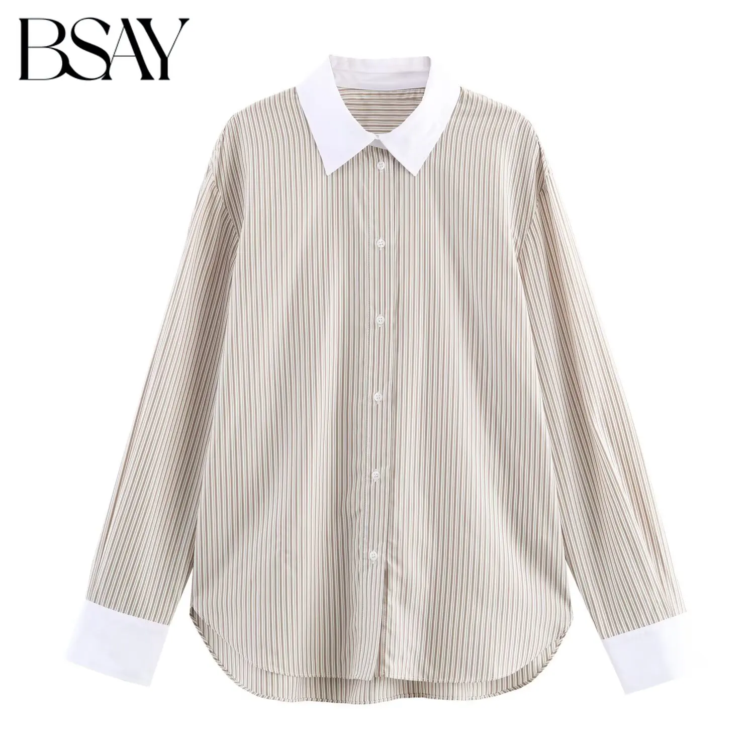 

BSAY Shirt for Women Fashion Autumn Winter New Contrasting Striped Long Sleeves Single Breasted Lapel Blouse Chic Ladies Top