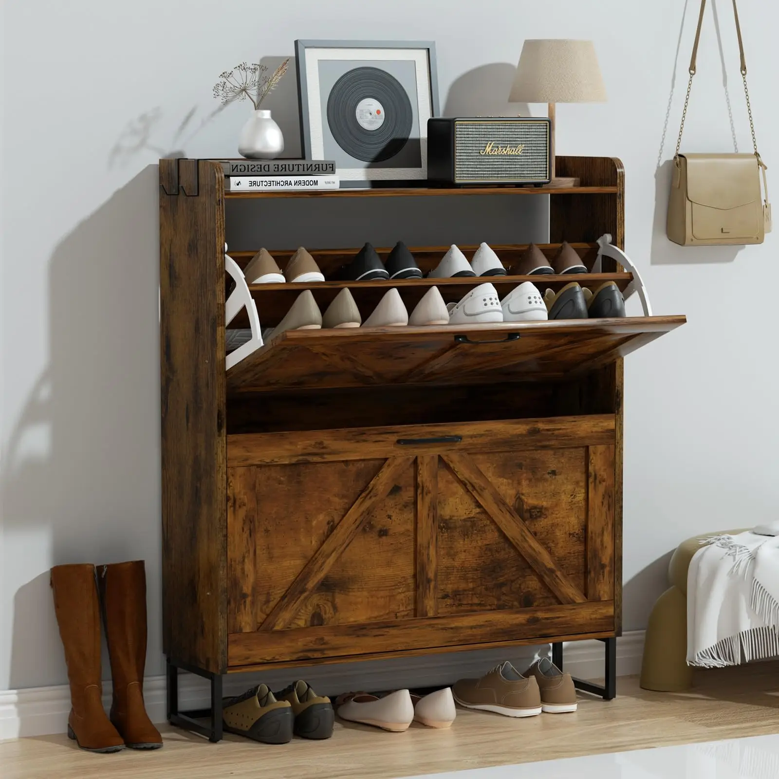 

Wood Entryway Hallway Furniture 2 Flip Drawers 2-Tier Shoe Organizer Storage Cabinet