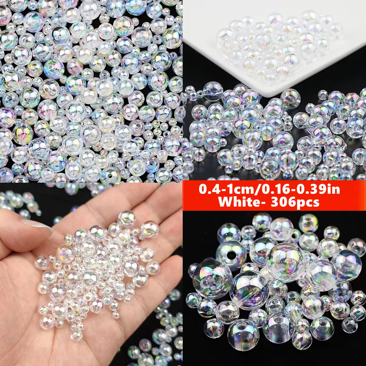 306pcs 4/6/8/10mm Acrylic Translucent AB Colors White Beads with Holes - Multicolor Beads For DIY Making