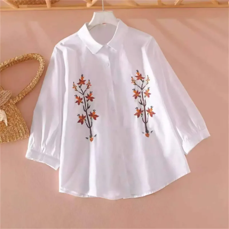 

White Blouse Ladies Shirts Summer Clothes Loose Tops Three-quarter Sleeve Shirts Embroidered Cardigan Female Blous
