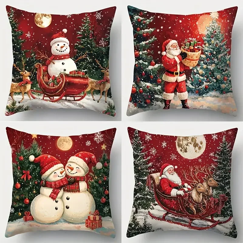 

Christmas New Year Pillow Covers - Santa Claus & Snowman Vintage Style Cushion Cases, Festive Holiday Decor for Living Room Sofa