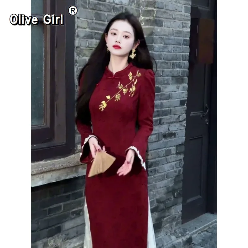 

Платье-ципао Olivegirl в китайском стиле с кружевом и цветочным узором, 2026, женская одежда, жаккардовое платье-ципао с вышивкой и вставками
