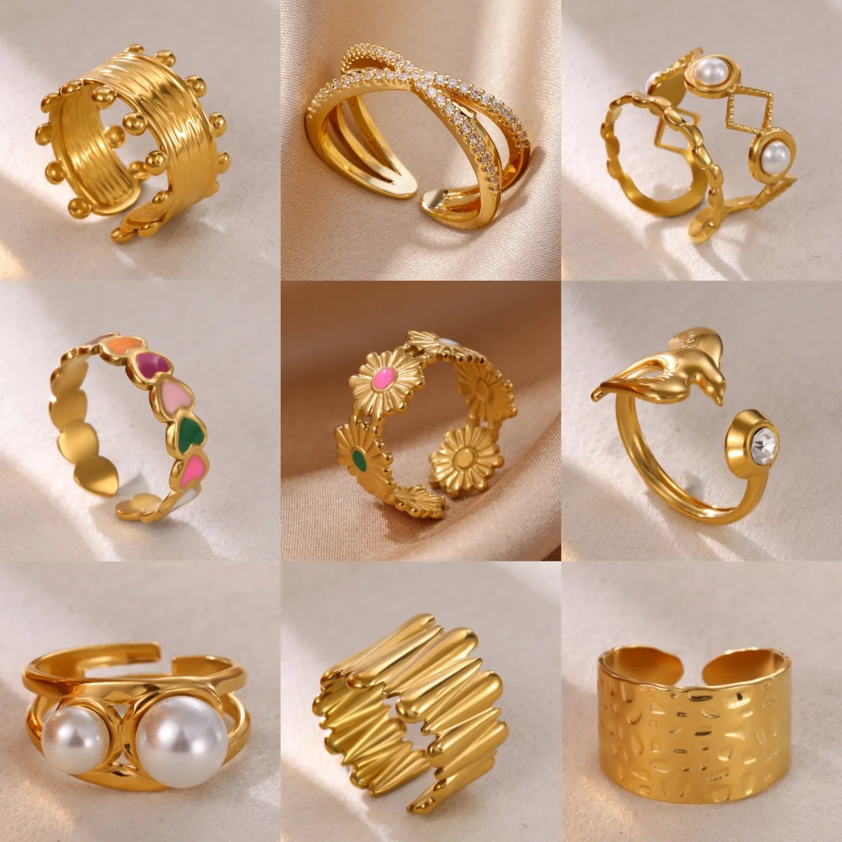 

18K Gold Plated Stainless Steel Open Rings for Women Flower Zircon Imitation Pearl Ring Waterproof Statement Wedding Jewelry