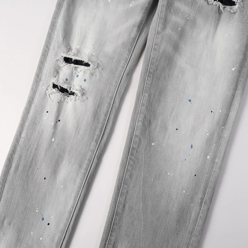 

Designer street fashion men's jeans with paint dots, perforated patches, elastic slim fit, wavy light gray jeans, men's hip-hop