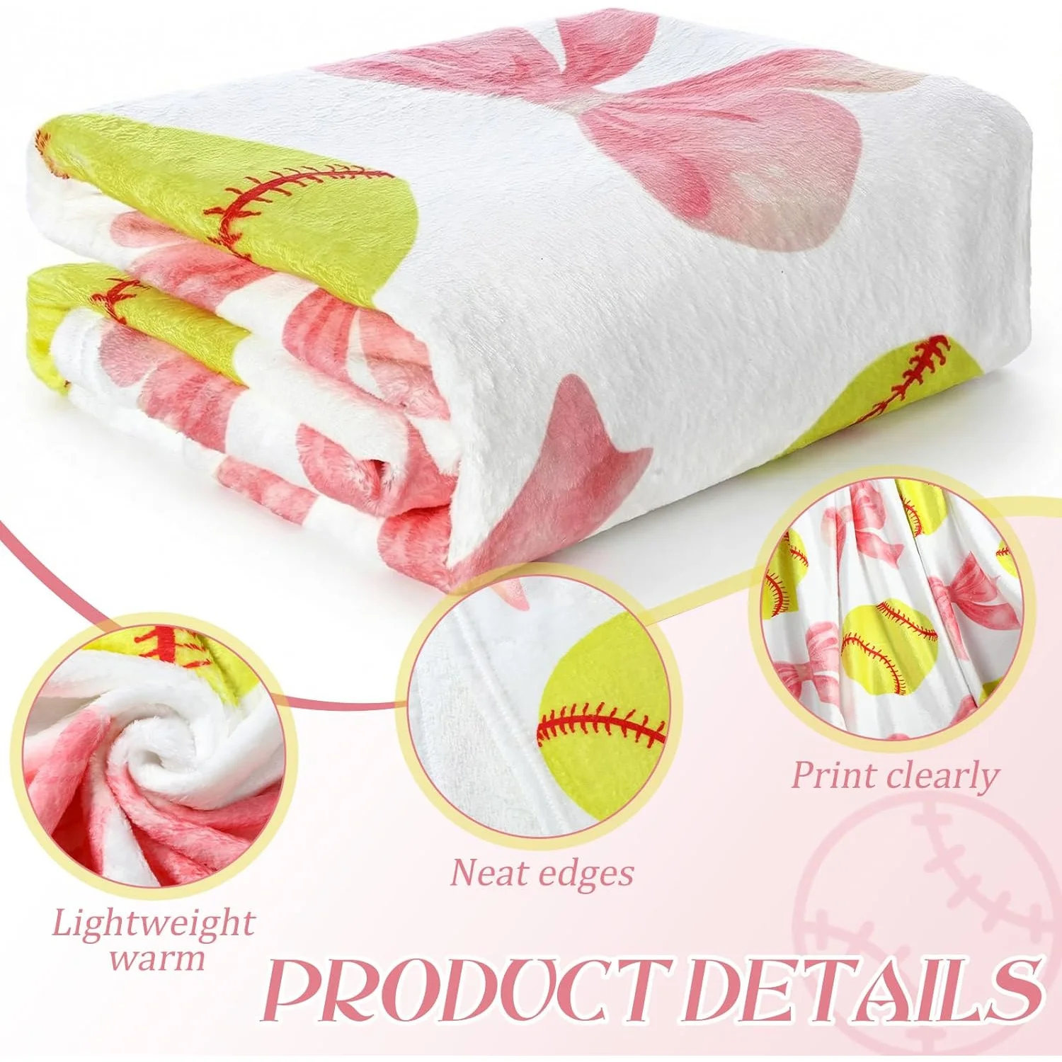 Baseball-Themed Blanket, 2D Digital Print, Ideal for Women'S Team Gifts, Playful Pink Bow Decor Soft Fleece Bed Cover, Machine W