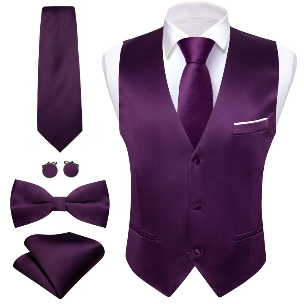 Luxury Vest for Men Purple Solid Satin Waistcoat Tie Bowtie Hanky Set Wedding Formal Male Suit Sleeveless Jacket Barry Wang