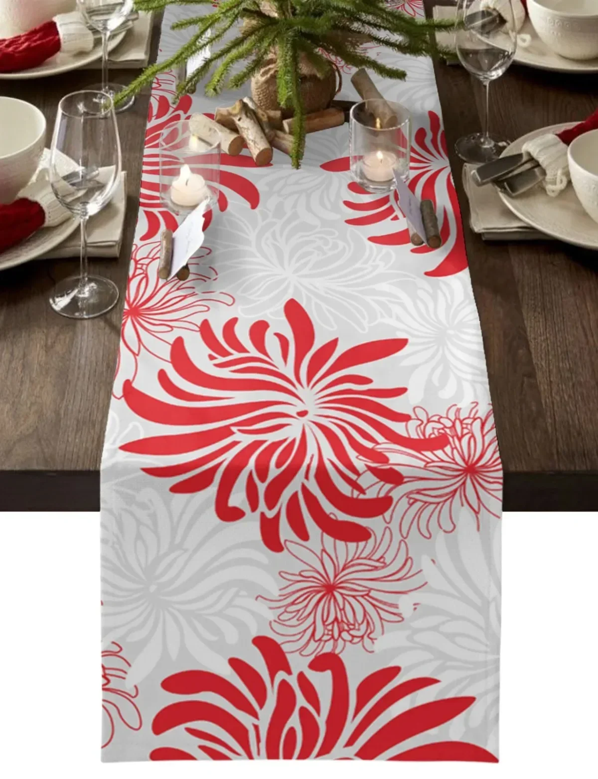 Red Chrysanthemum Texture Custom Table Runner Wedding Dining Decoration Xmas Dining Table Tablecloth