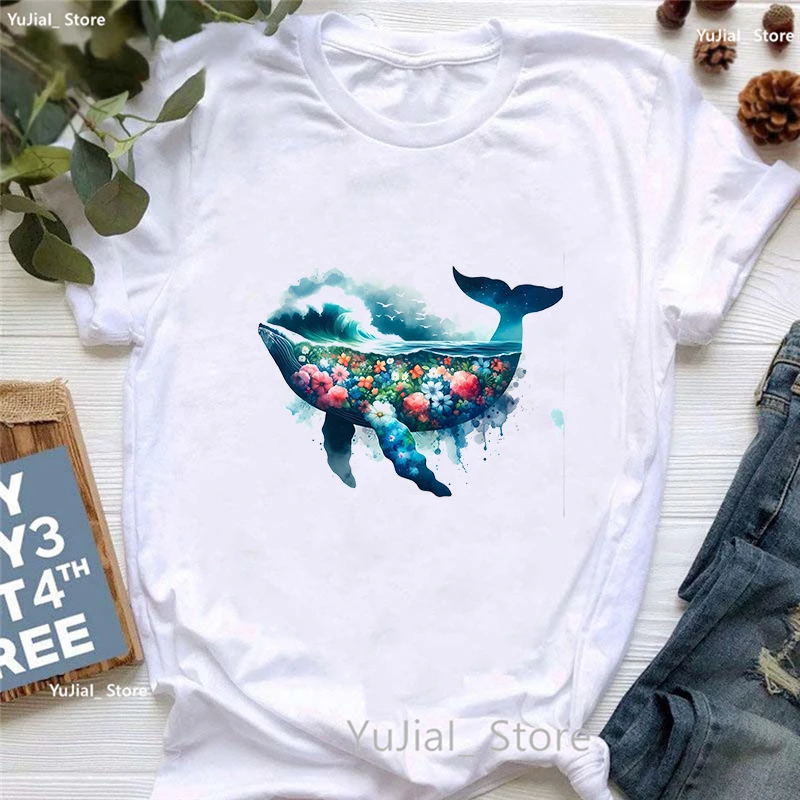 Cool Whale Printed T Shirt Women Clothes 2024 Flowers Fashion Tshirt Femme Summer Short Sleeve T-Shirt Female