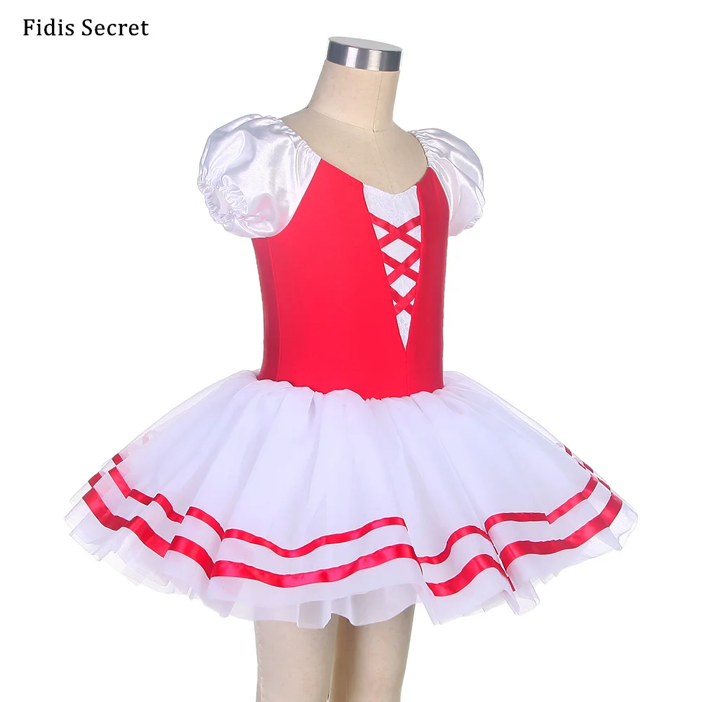 White Tulle Romantic Ballet Tutu Dress w/Red Bodice,Girls Ballerina Stage Performance Costumes,Child Professional Tutu Dancewear