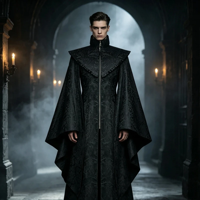 Herren Mittelalterliche Vintage Priester Cosplay Kostüme Gotischer Punk Langer Schwarzer Mantel Halloween Karneval Party Rollenspiel Auftritts-Outfit