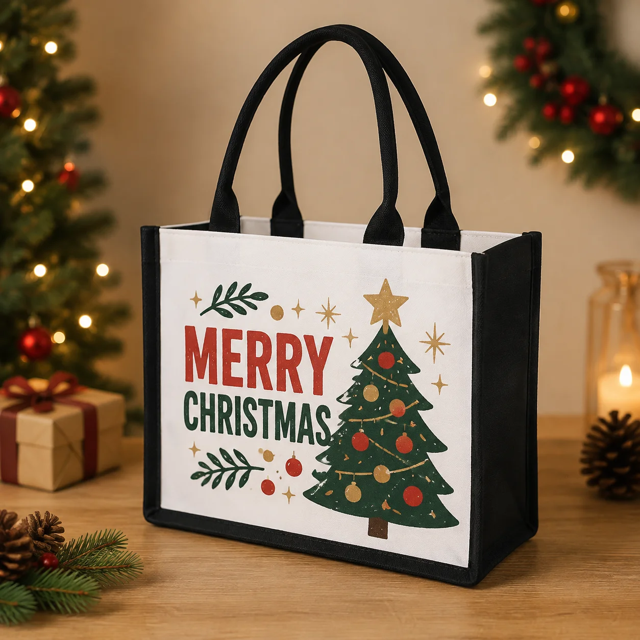 Custom Christmas Tote Bag Add Your Logo Photo Design Bags Canvas Large Capacity Shopping Handbag Winter Holiday Gift‑Giving Bag