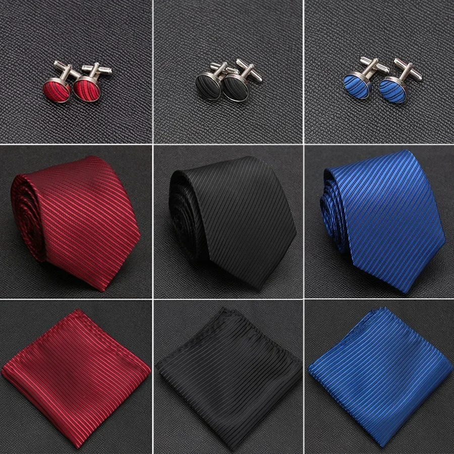 

Mens Ties Solid Handkerchief Necktie Cufflinks Set Fashion Stripe Tie for Men Cravat Party Man Gift Wedding Dress Accessories