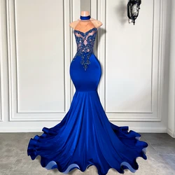 Long Prom Dresses 2026 Elegant High Neck Luxury Beaded Embroidery Royal Blue Spandex Black Girl Mermaid Prom Gala Gowns
