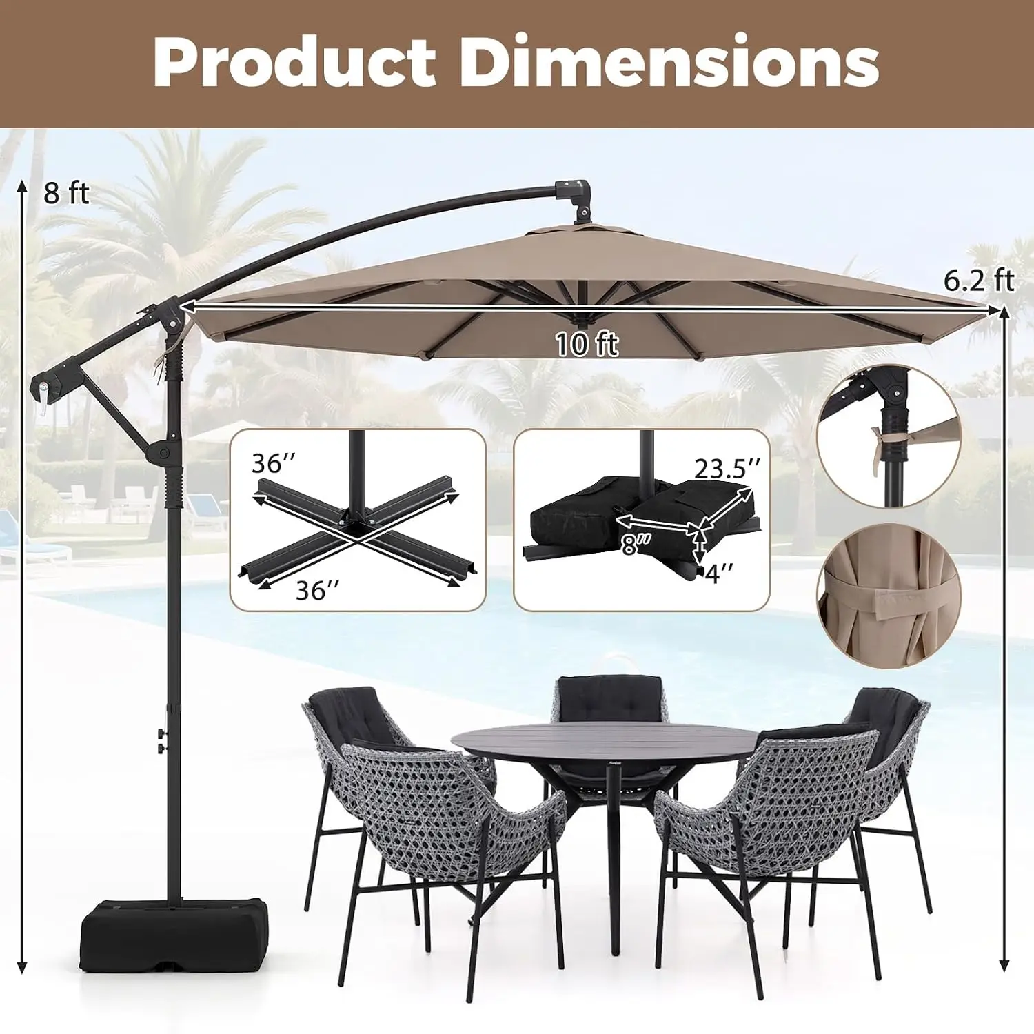 10' Offset Cantilever Patio Umbrella with Base, Crank Handle & 360 Rotation, Customized