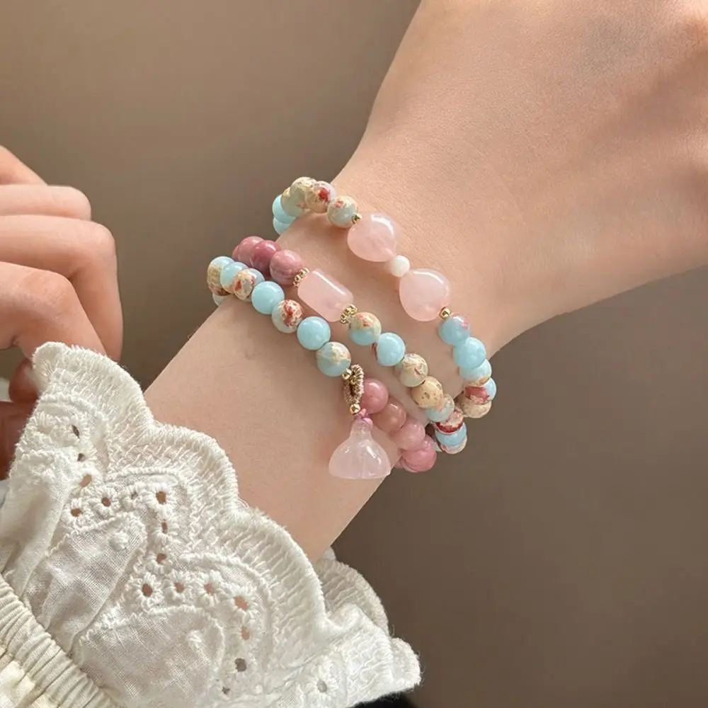 Stone Bracelet Neo-Chinese Style Beaded Bracelet Pink Smudge Hanfu Style Necklace Unique Multilayer Crystal Bracelet Hanfu