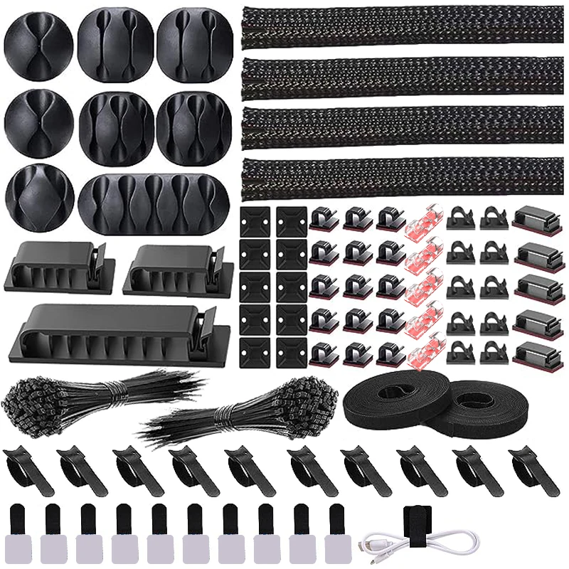 282/352/367 Pcs Cable Organizer Management kit Cable Ties Sleeve Split Adhesive Clips Holder Keep Your Computer Tv Cables Tidy