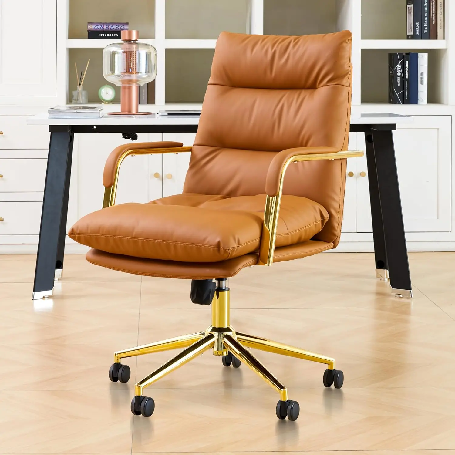 

Leather Gold Home Office Desk Chair, Executive Comfy Desk Chair With Support Armrests, Swivel Wheels, Height Adjustable, Mid