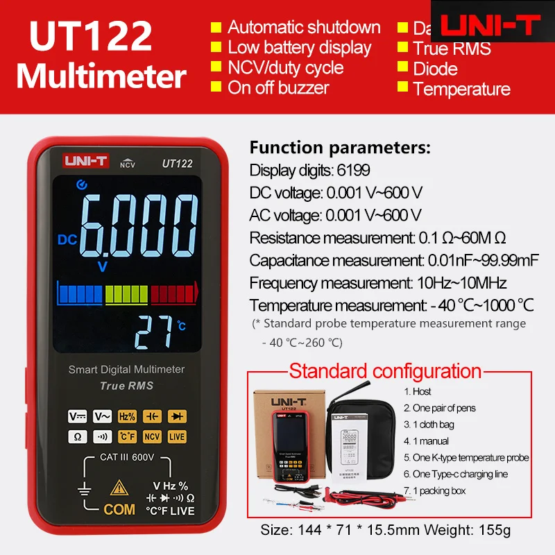 UNI-T UT121A UT121B UT122 Industrial Smart Multimeter True RMS Design AC DC Test Capacitor Frequency Meter For Electrician