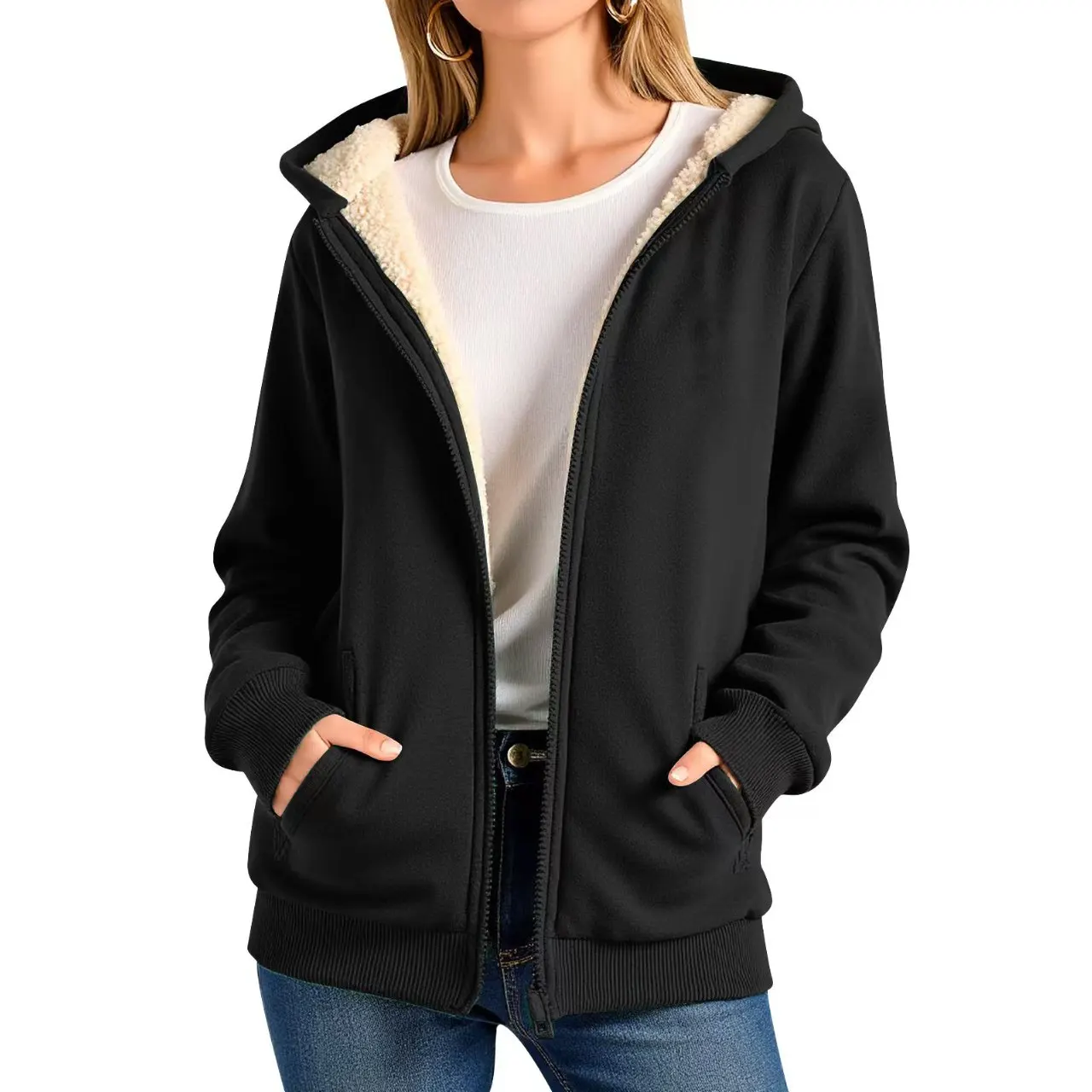 Winter Clothes Women Zip Up Hoodie Autumn 2024 New Latest Zip Up Pocket Design Lined Thermal Cardigan Coat Open Front Jackets
