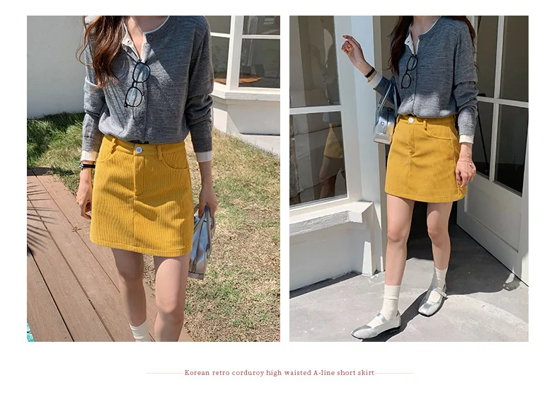 Women's High-Waist A-Line Short Skirt Spring Autumn Retro Brown Corduroy Skirts Woman Solid Color Straight Leg Pencil Skirt Mini