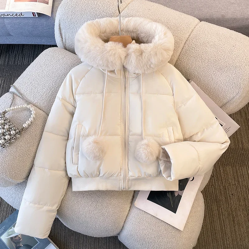 

Winter Women's Faux Fur Hooded Long Sleeve Cotton Padded Jacket Lady Casual Solid Color Slim Thickened Warm Short Outwear Top