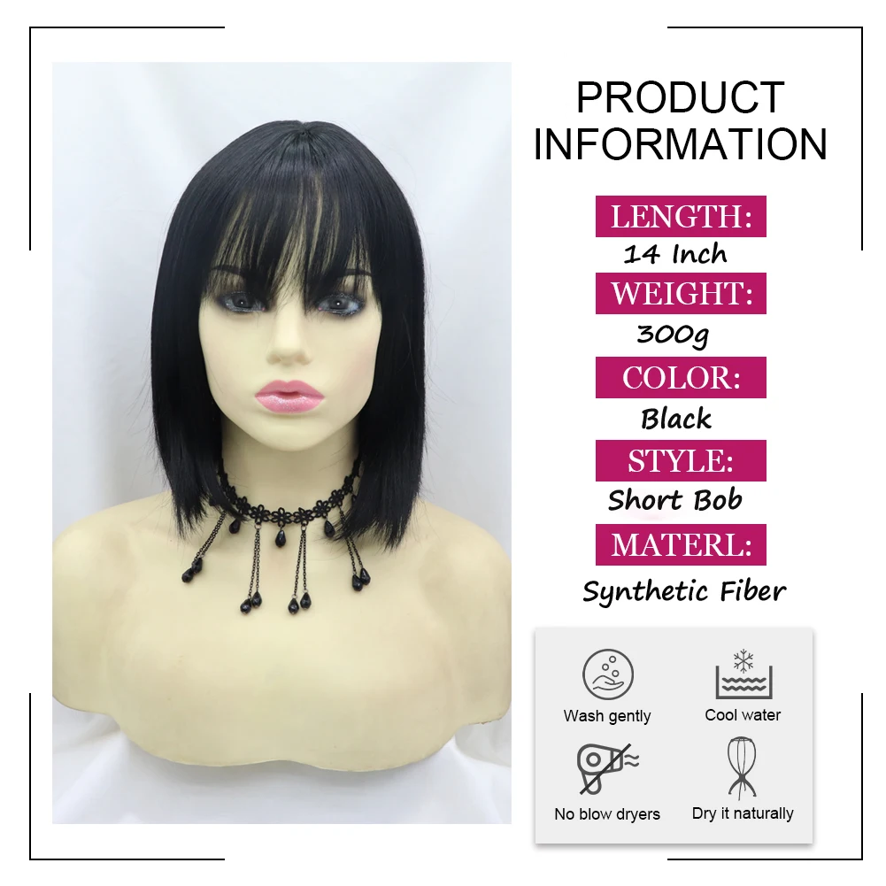 Angle Lucky Black Bob Wig Synthetic Bob Wigs with Bangs Short Black Bob Wig for Women Heat Resistant Fiber Hair Replacement Wig