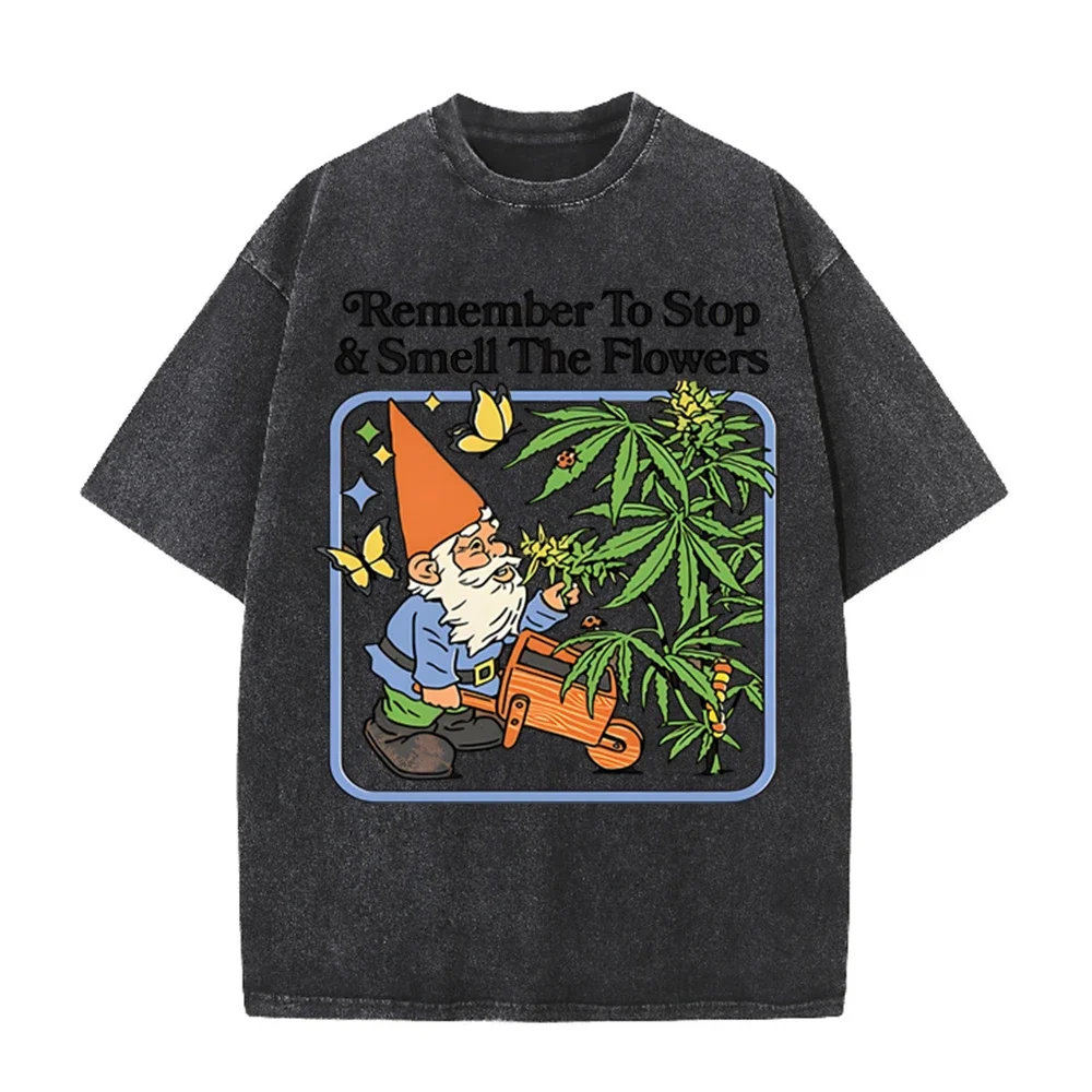 2026 Vintage Washed Beige Garden Gnome Butterfly Floral Graphic T Shirt Retro Cartoon Plant Print Unisex Casual Short Sleeve Tee