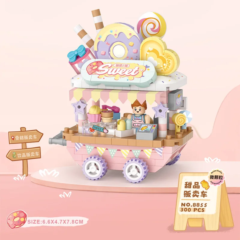 OUZEY 3-in-1 Mini-Bausteine für Straßenfutter, Kaffee-Popcorn-Dessert-LKW-Modellbausätze, 14+ Mikropartikel, kreatives Geschenk zum Selbermachen