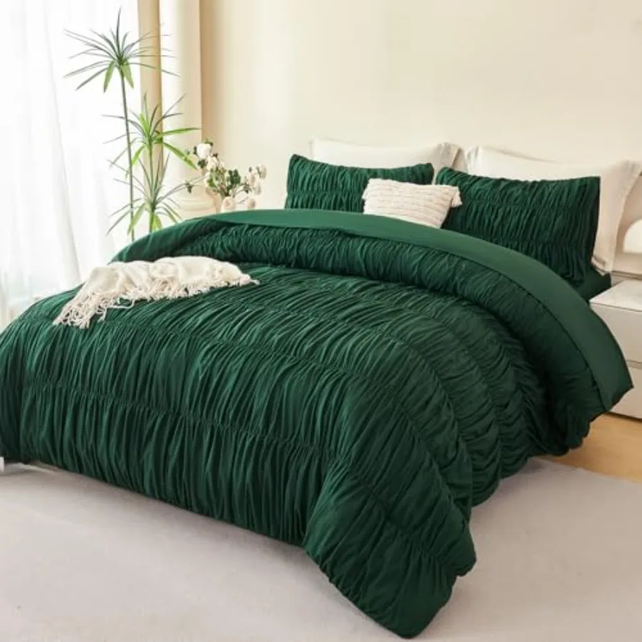 

King Size Comforter Set 5 Pieces Solid Fluffy Ruched Bedding with Sheet Set Luxury Soft Pleated Texture Bed in a Bag All Season
