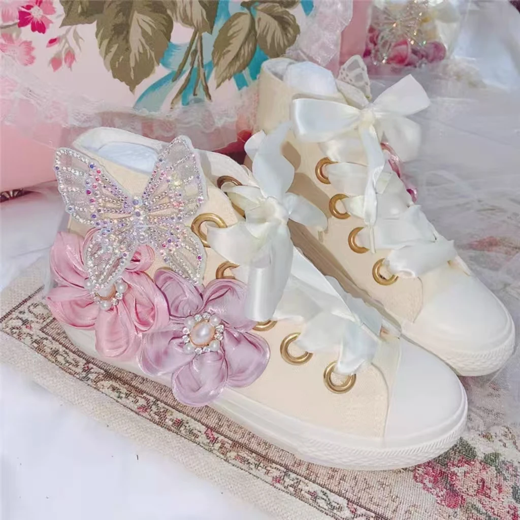 

White flower rhinestone pearl canvas shoes hand-made high-top casual sports women's shoes 35-40