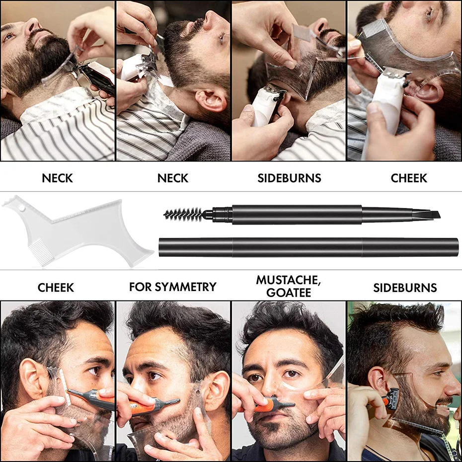 Men Bear Care Tool Kit Waterproof Long Lasting Man Beard Pen Beard Template 2pcs Set 2IN1 Male Mustache Repair Shape