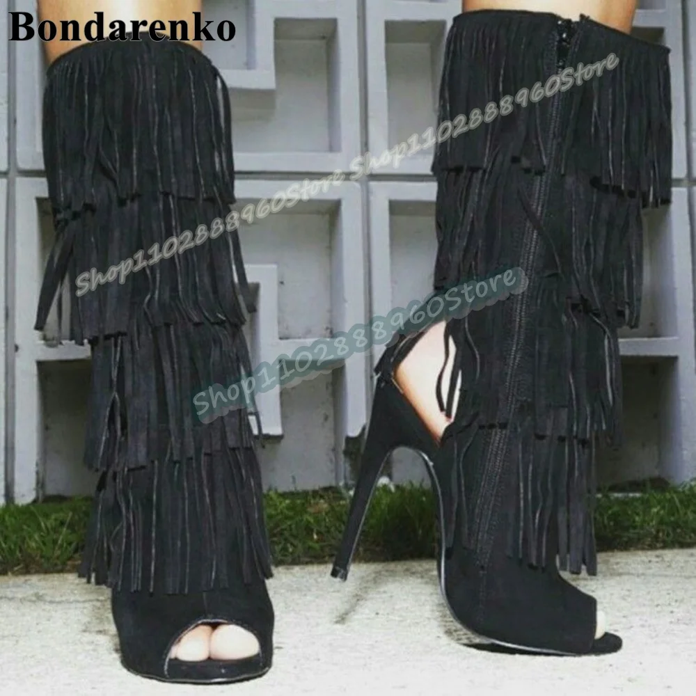 

Mid Calf Black Flock Tassels Cut Heel Boots Thin High Heel Shoes For Women Side Zipper Peep Toe Casual Stylish Occidental Boots