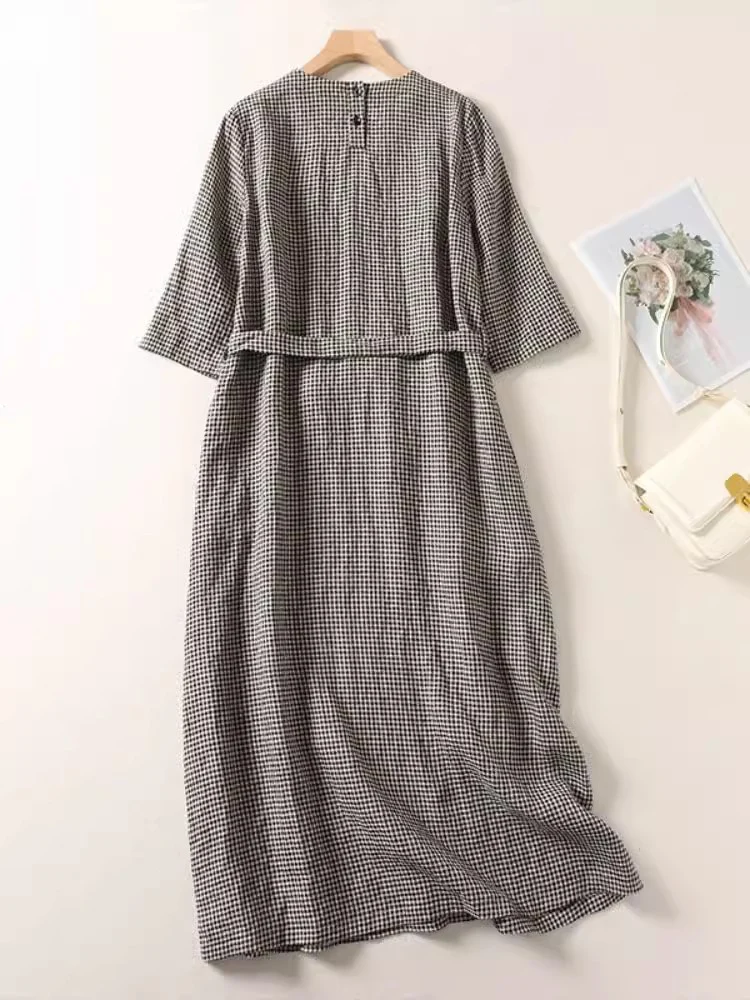 Women Vintage Plaid Dresses 2024 New Summer Casual Loose V-Neck Half Sleeve Cotton Dress Office Lady Retro Check Dress for Women