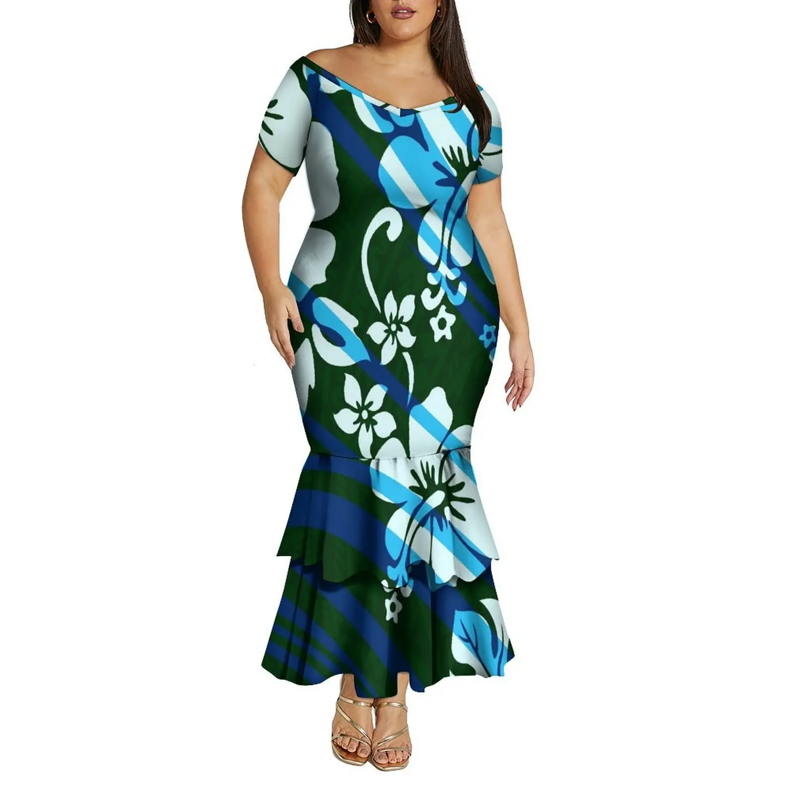 Vestido rabo de peixe de dupla camada com decote em V fora do ombro para mulheres polinesias vestido de emagrecimento de verão com padrão personalizado