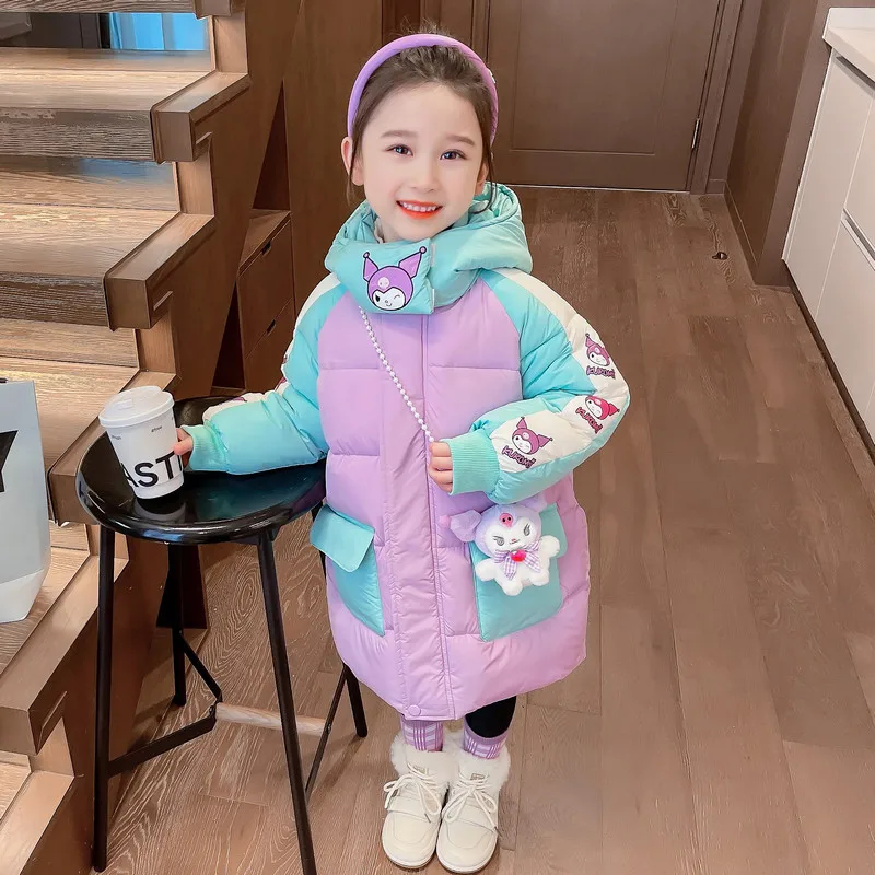 Sanrios Kuromi Girls Kuromi Two-Color Backpack Plus Velvet Cotton Coat Mid-Length Coat Baby Thickened Cartoon Coat Hooded Jacket