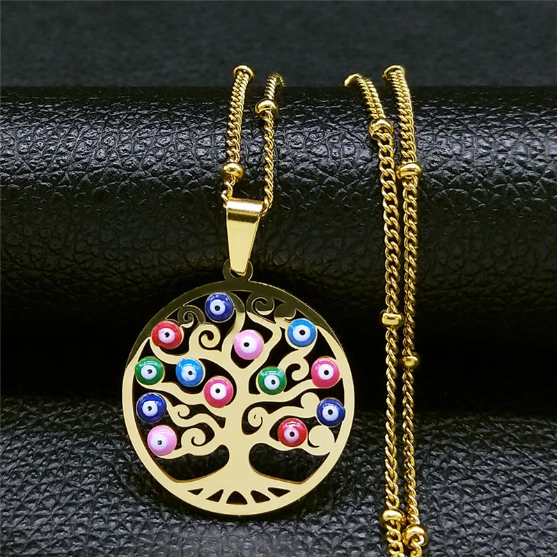 

Turkey Eye Tree of Life Charm Necklaces Women Stainless Steel Gold Color Pendants Necklaces Muslim Islamic Jewelry Gift N6431S01