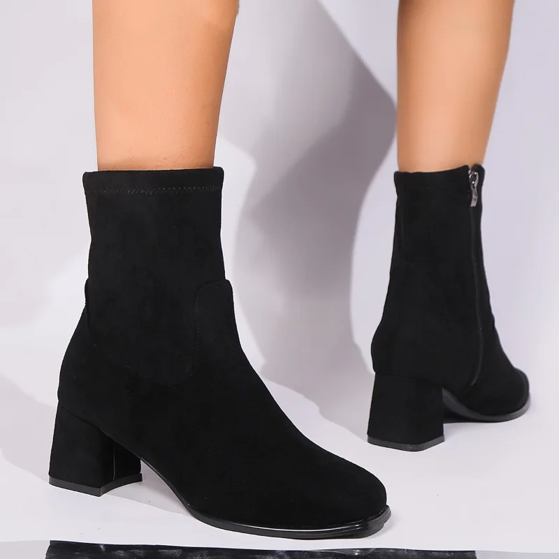 Damskie botki Lekkie buty codzienne dla kobiet Chunky Fashion Square Toe Sock Boots Knitting Autumn Winter Platform Boot