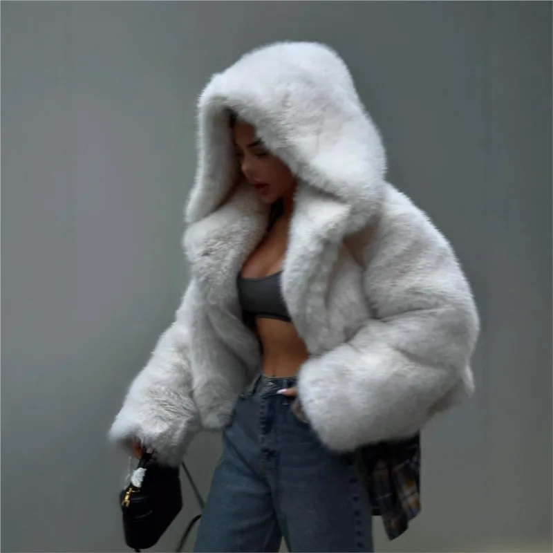 

Hooded artificial fur mixed coat overcoat short plush top for women