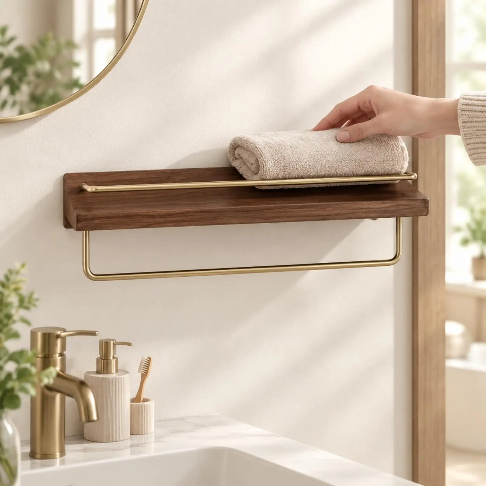 Wooden Wall Mounted Storage Rack with Brass Front Rail for Bathroom Kitchen Entryway Organizing Toiletries Cosmetics Decor