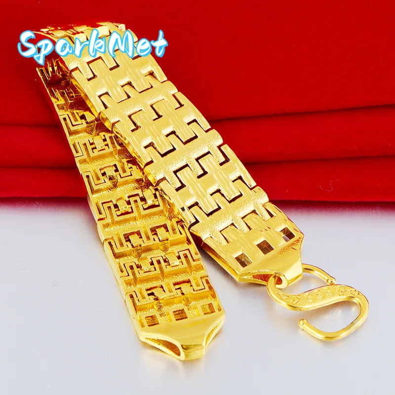 

Мужской браслет Sparkmet9999 из утолщенного золота 24K, модная цепь для часов, с застежкой Pixiu S, атмосферный широкий браслет AU750