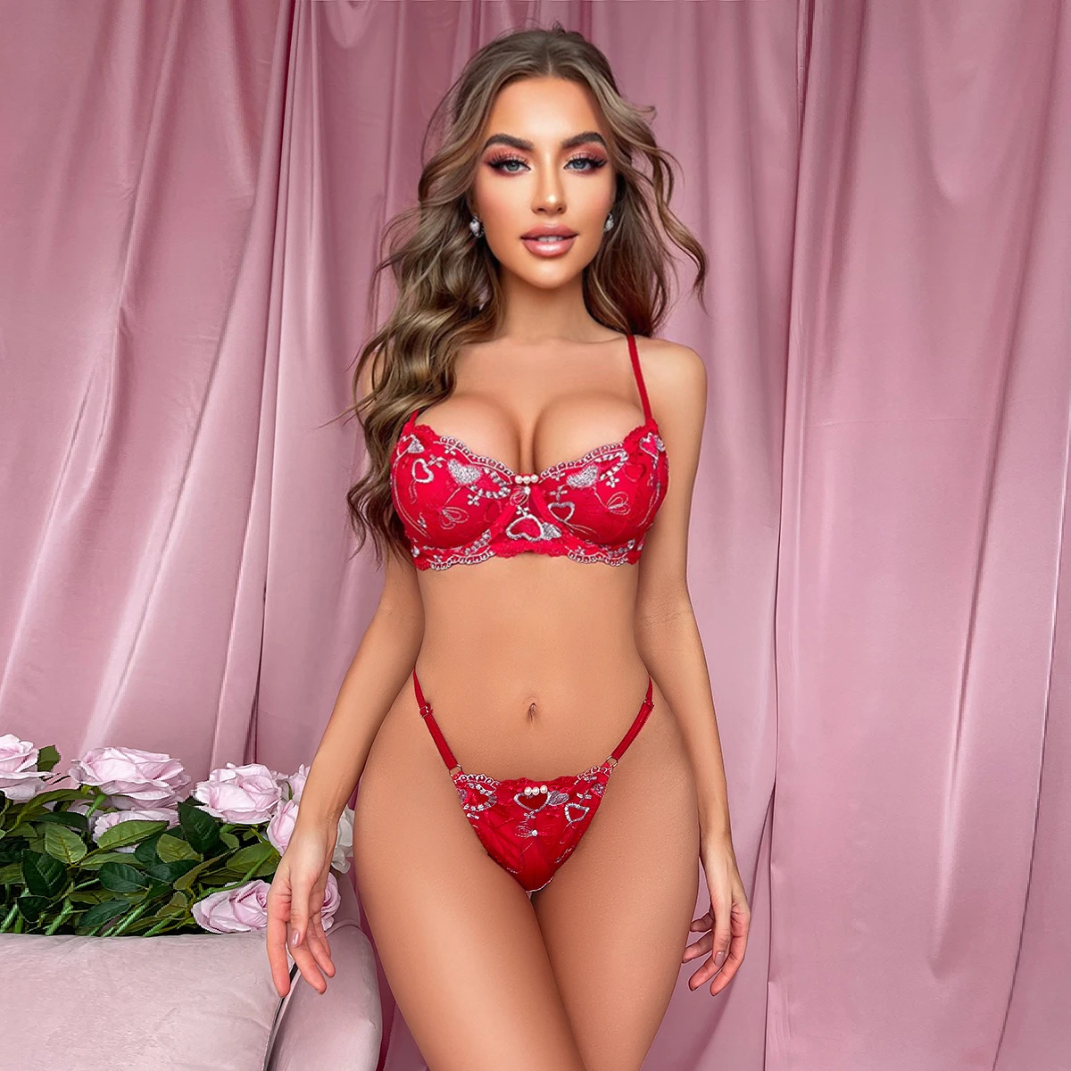

European and American Sexy Two-Piece Women's Underwear Bra with Thong Hot and Tempting Embroidery Sexy Set