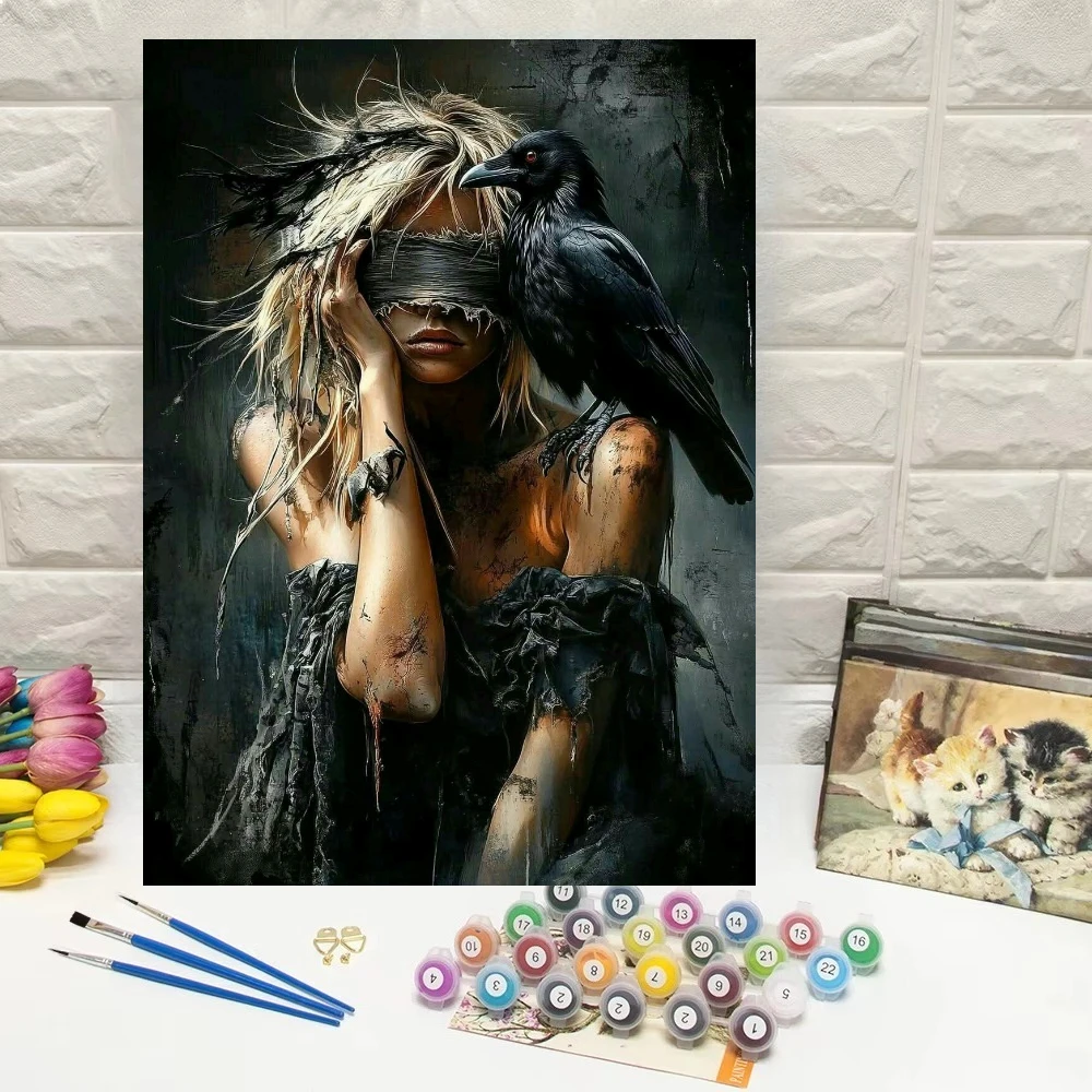 Blindfolded Woamn With Crow DIY Modern Wall Decor Oil Painting By Number Canvas Art for Living Room Bedroom Gift Unframed